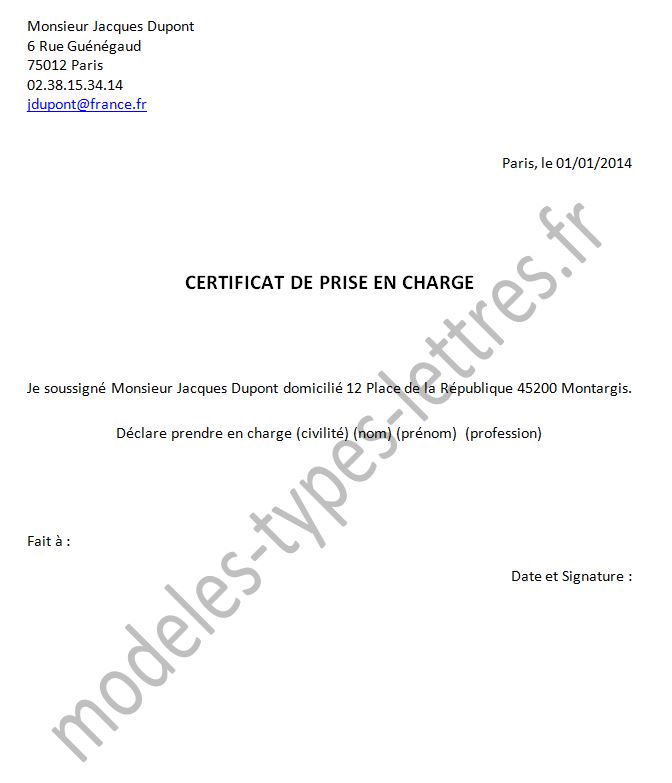 Attestation Sur L'honneur De Prise En Charge