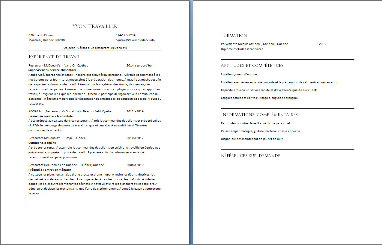 exemple de cv mcdo
